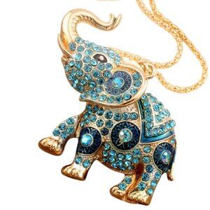 Betsey Johnson Elephant Necklace Gold Tone with Blue Crystals
